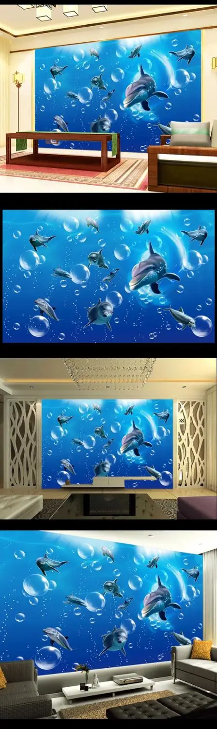 

New Custom 3D Large Mural Wallpaper Dolphin three-dimensional underwater world children's room TV Background living Bedroom