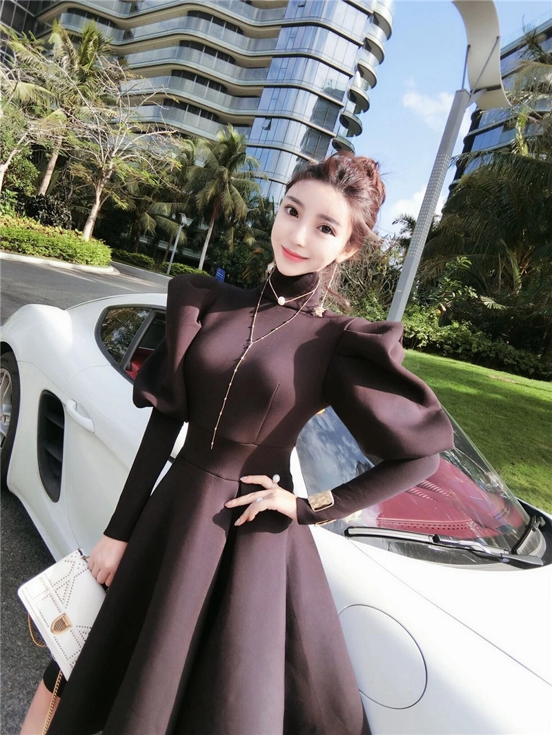 

STYLISH LADY Elegant Long Puff Sleeve Dress 2021 Spring Women Turtleneck Defined Waist Chic Pleated Party OL Mini Dress