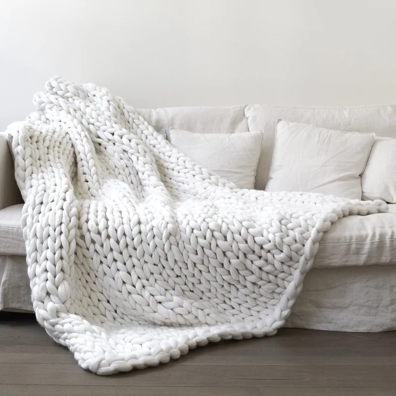 

Solid color Hand Knitted Chunky Blanket Thick Yarn Weighted Wool Bulky Knitting Throw Blanket Warm Winter Home Sofa Bed Blankets