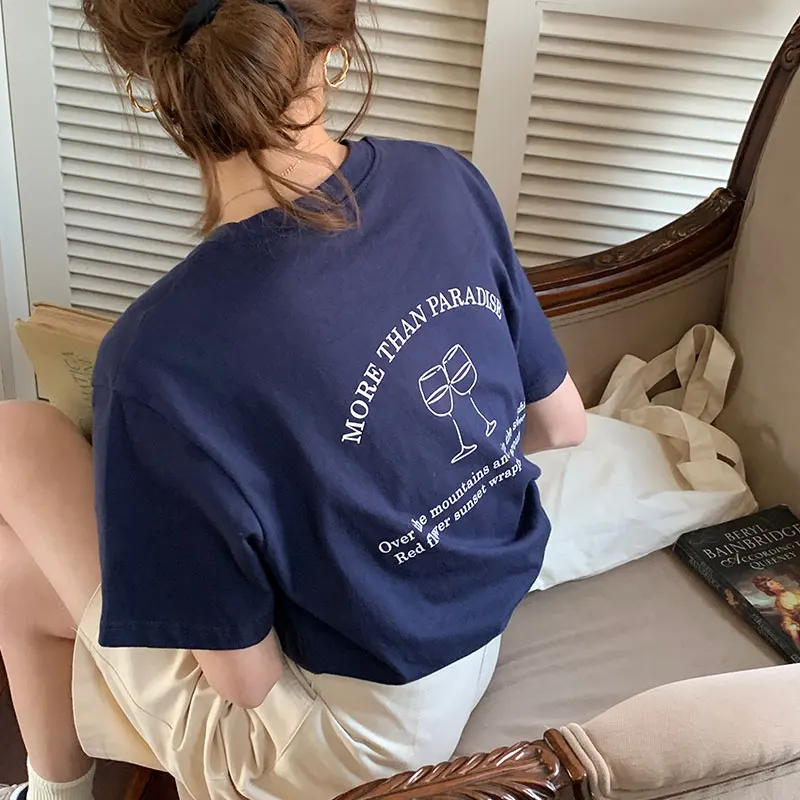 

2021 New Cute Letters Printed Short Sleeve T-shirt Women Casual Round Neck Loose T-shirts Female Korean Streetwear Tops