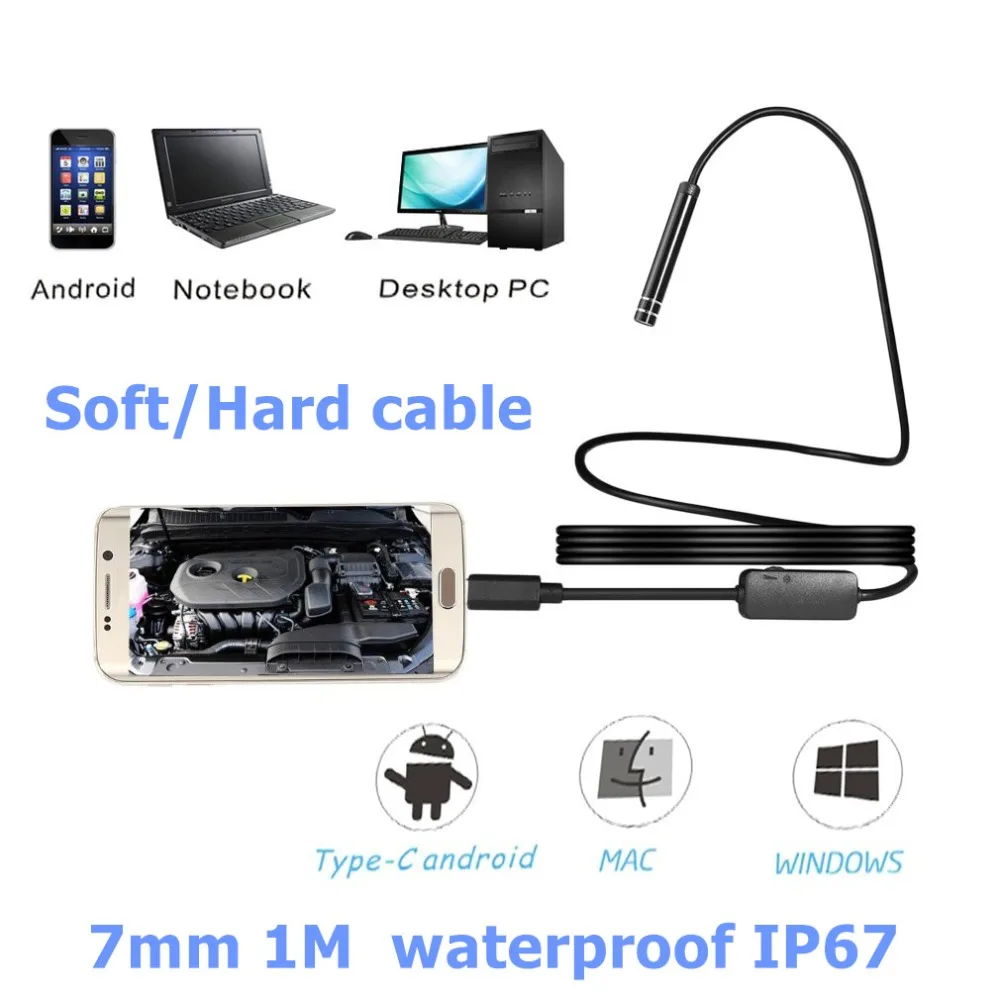 Водонепроницаемый эндоскоп LESHP 7 мм 1 м 720P USB Type C 6 дюймов светодиодный