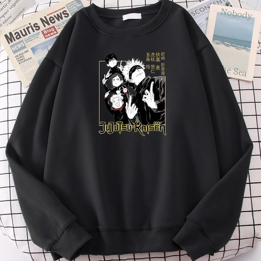 

Свитер мужской с длинным рукавом и круглым вырезом, утепленная флисовая кофта оверсайз в стиле аниме джуютсу, кайсен, Джоджо, Сатору, отряд м...