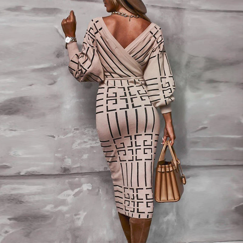 

New Women One-Step Skirt Spring V Neck High Waist Striped Printed Knit Slim Bodycon Dress Elegant Ladies Street Hipster Dresses