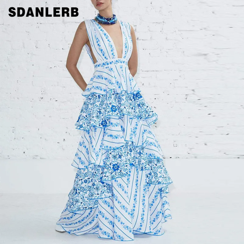 

Summer Sweet Printed Chiffon Sexy Maxi Dress Elegant Temperament Slim Backless V-neck Sleeveless Layer Cake Long Dress