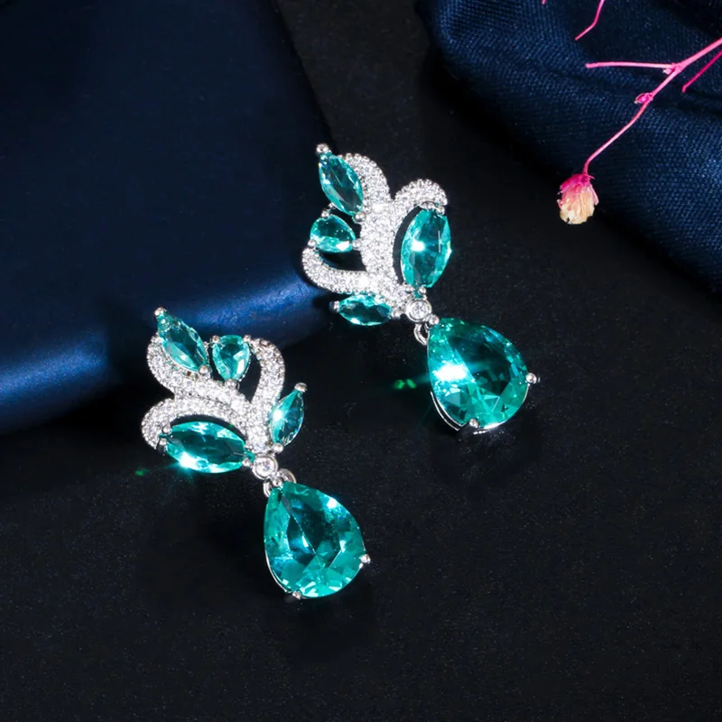 Pera Korean Style Light Blue Green Cubic Zirconia Silver Color Cute Dangle Leaf Drop Earring for Women Fashion Jewelry Gift E630 5