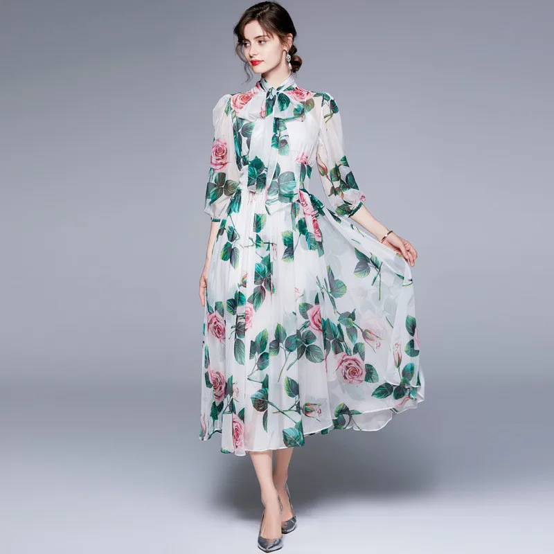 

Summer Chiffon Dress Women Lantern Sleeve Floral Print Scarf Collar Bow Big Hem Midi Maxi Elegant Fashion Fairy Dresses Vestido
