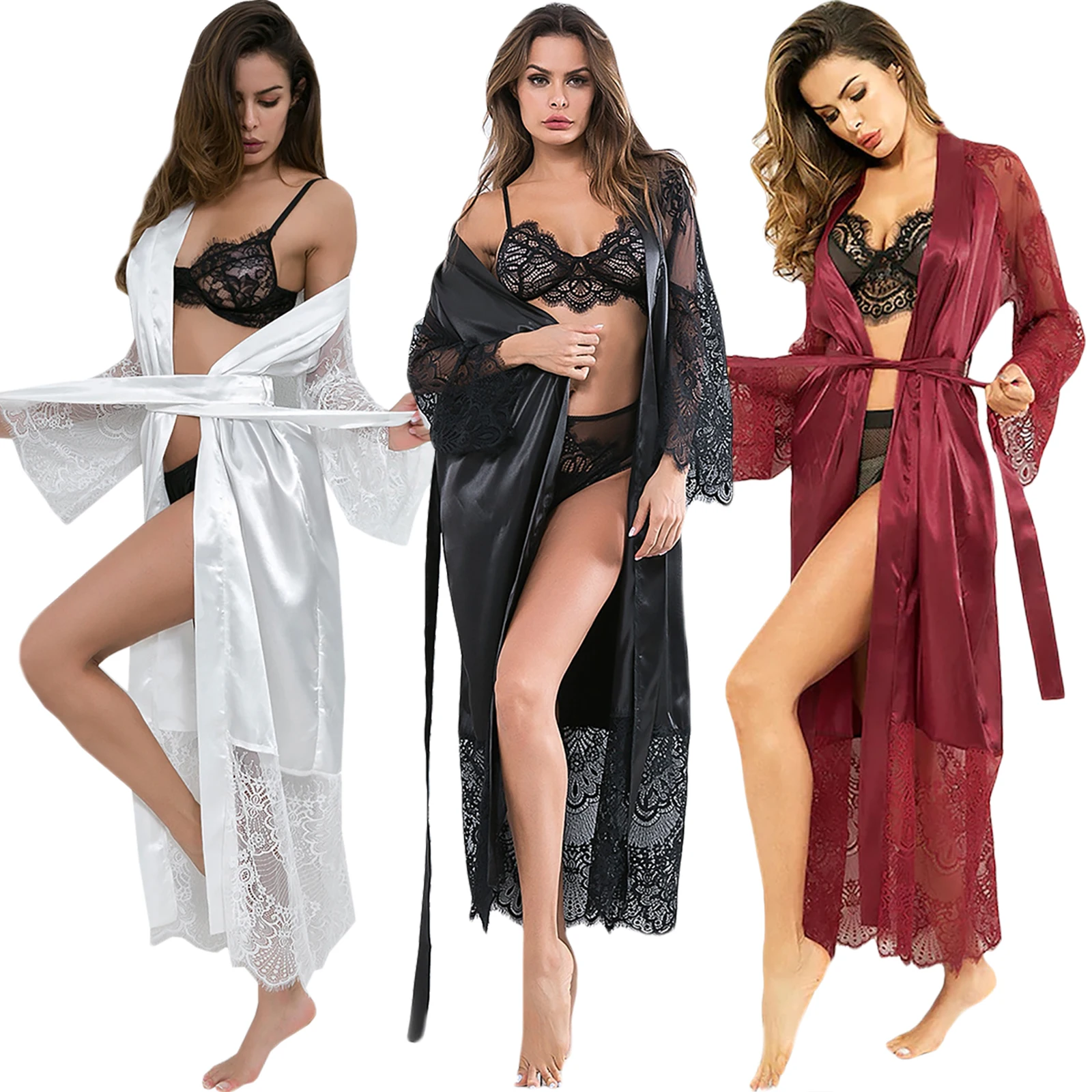 

Womens Lace Patchwork Silk Erotic Kimono Bath Robe Lace Up Solid Color Lingerie Nightwear Long Dress Wrap Gown