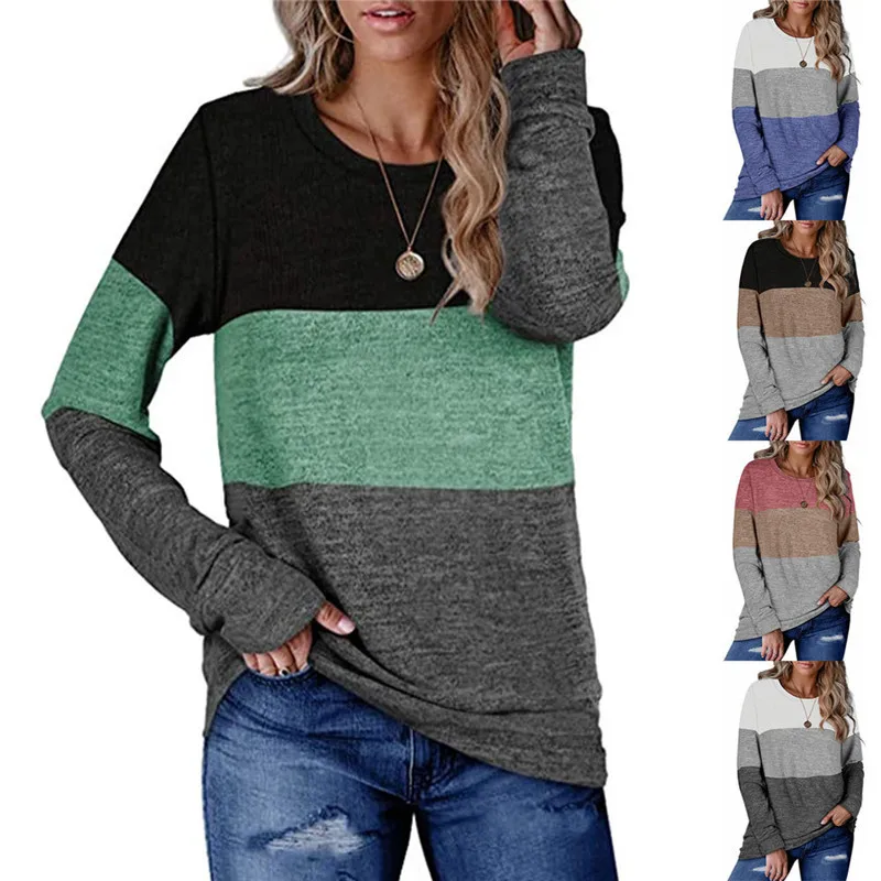 

Women T shirts Color Block Patchwork Crewneck Long Sleeve Autumn Winter Oversize Tops Female Pullover Loose Vintage Clothing