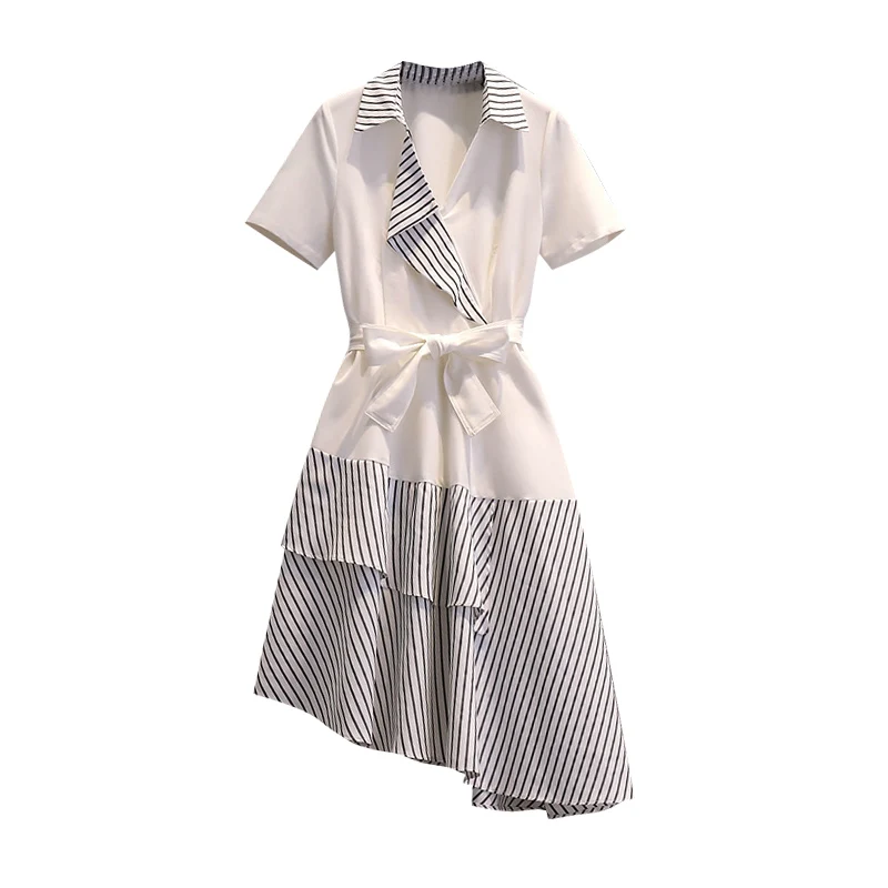 

Irregular skirt women's 2021 new design sense contrast color bow knot waist slimming shirt collar female dress