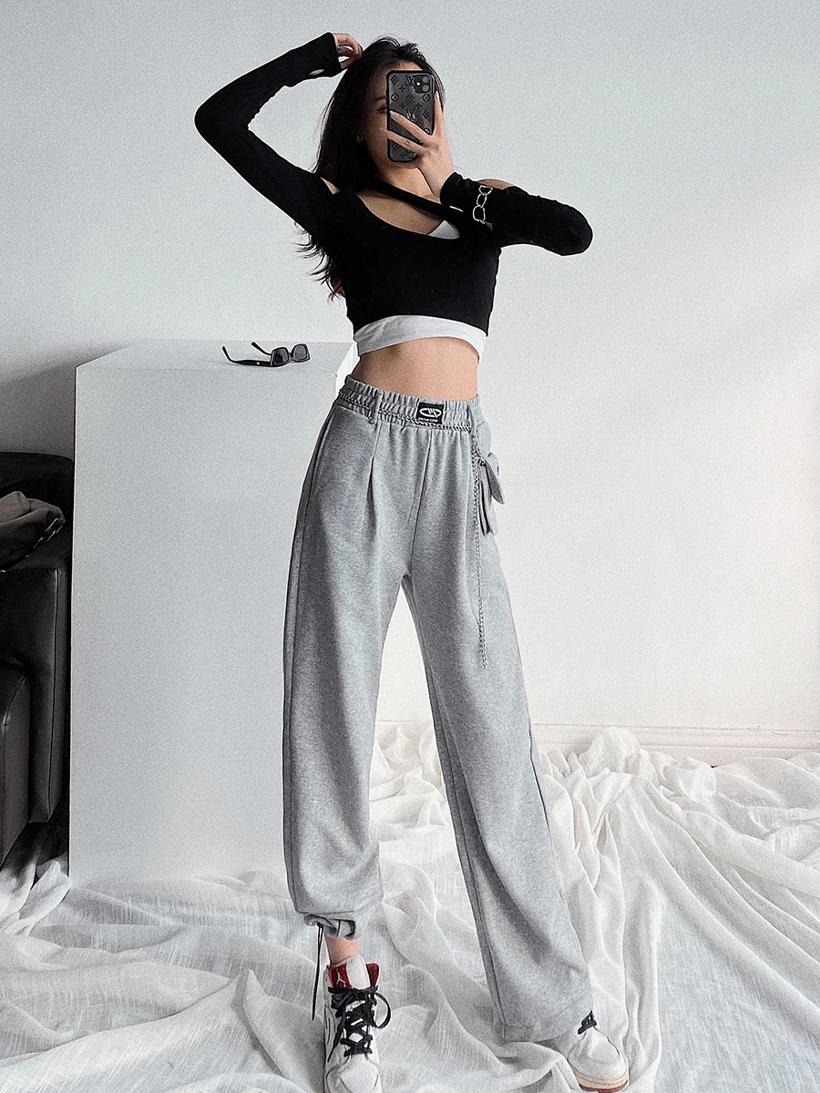 

TVVOVVIN Loose High Waist Thin Waistband Sports Pants Women's Waist Bag Chain Tooling Handsome Casual Trousers Harem Pants N6M2