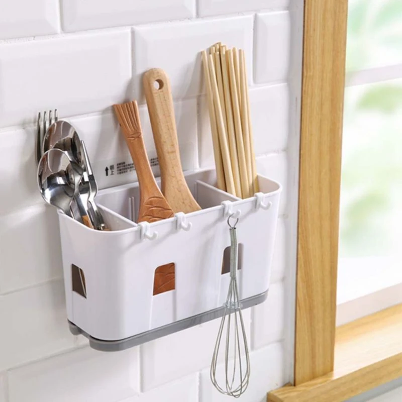 

Wall Mounted Cutlery Drainer Rack With Drip Tray Utensils Organizer Spoon Fork Chopsticks Holder Caddy Kitchen Gadget Storage