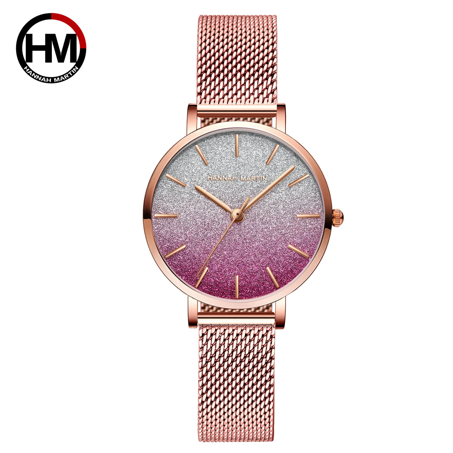 

Hannah Martin HM-1323 Ladies Luxury Watch Gradient Color Case Design Waterproof Stainless Steel Mesh Women Luxury Party Watch