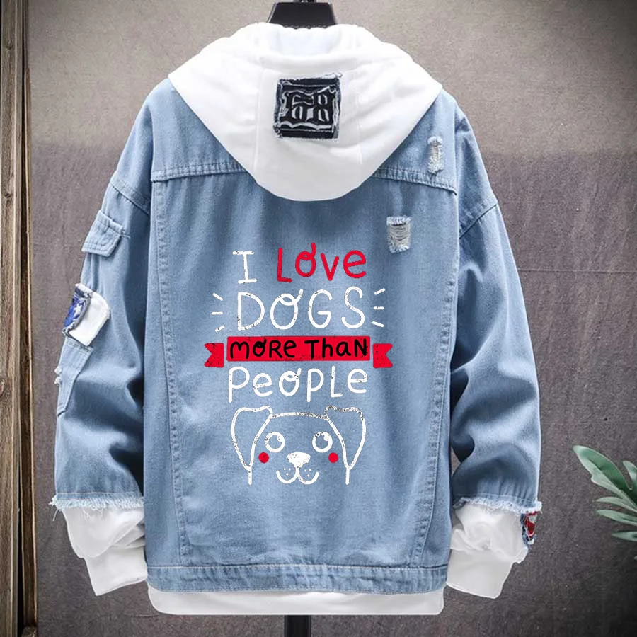 Jean Jackets I Love Dogs More Than People Denim Jacket Men Hip Hop Vintage Autumn Korean Couple Clothes Streetwear Jeans Coat | Мужская