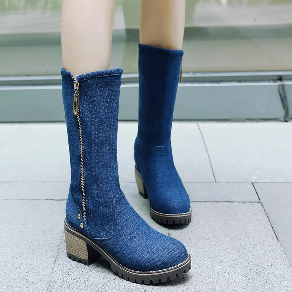 Джинсовые женские ботинки в винтажном стиле Осенняя женская обувь на высоком