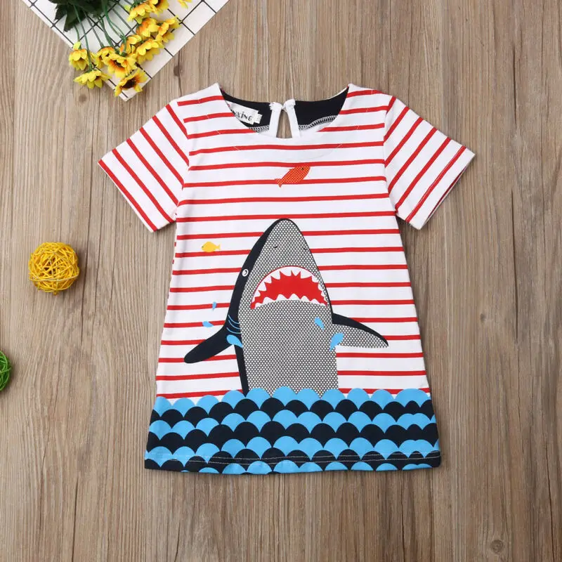 Новинка летнее хлопковое платье в полоску с принтом акулы для маленьких девочек