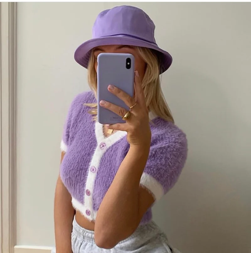 

2021 Spring Korean Sweater Women Vintage Pink Cardigan Knitted Cute Sweater Punk Crop Sweater Knit Korean Cardigans Cute Purple