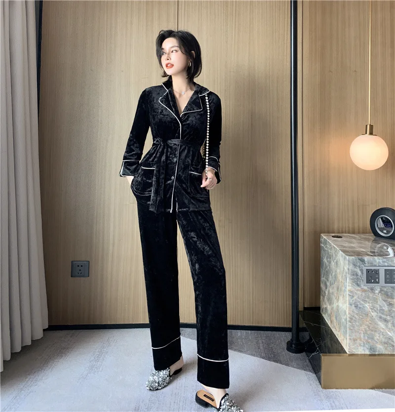 

Черный женский Пижамный костюм из 2 предметов, зимняя новая одежда для сна с отложным воротником, Повседневная Домашняя одежда с карманами, ...