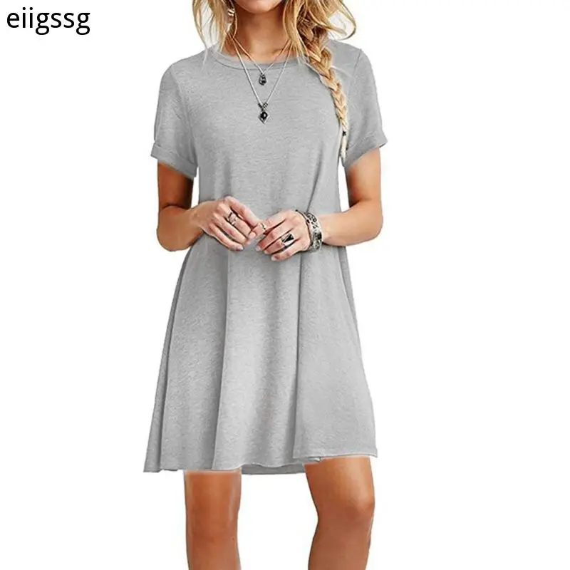 Womens Summer Plus Size Short Sleeves Midi Swing T-Shirt Dress Plain Solid Color Crew Neck Casual Loose Pullover Tunic Tops