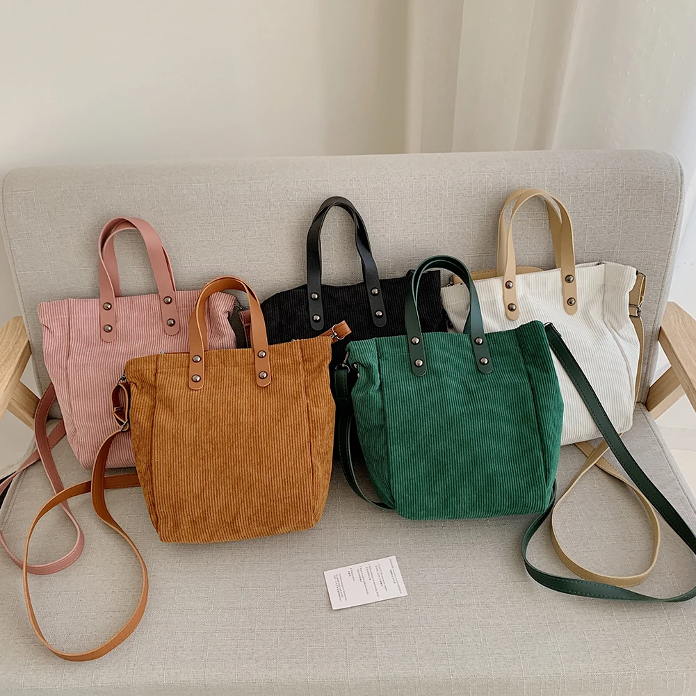 

Casual Large Capacity Tote Bag Portable Women Solid Color Shoulder Crossbody Purse Fashion Corduroy Travel Handbag Composite Set