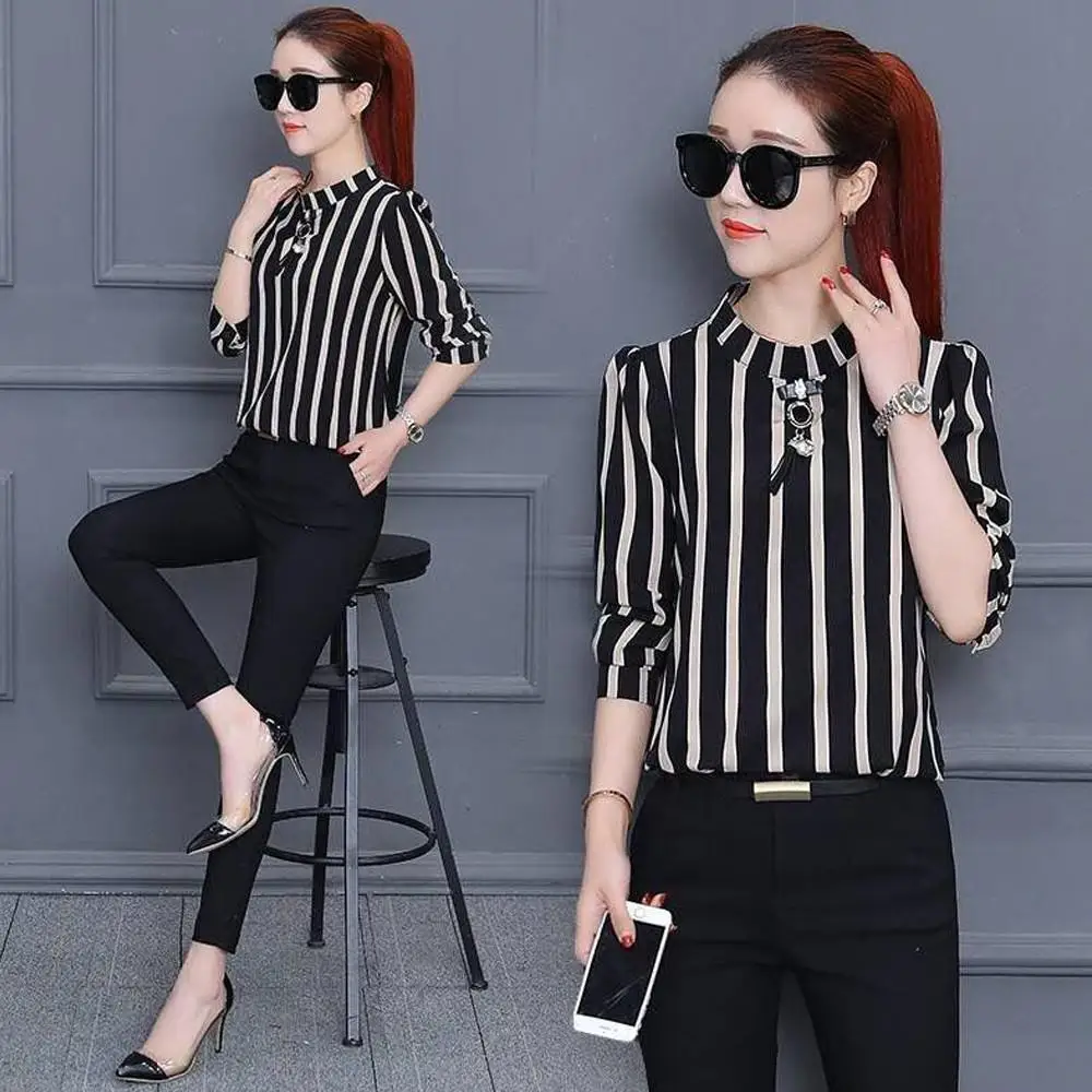 

Long Sleeve Crew Neck Striped Printed T-Shirts Women Ladies Work Blouse Tops Round Casual Loose Tees