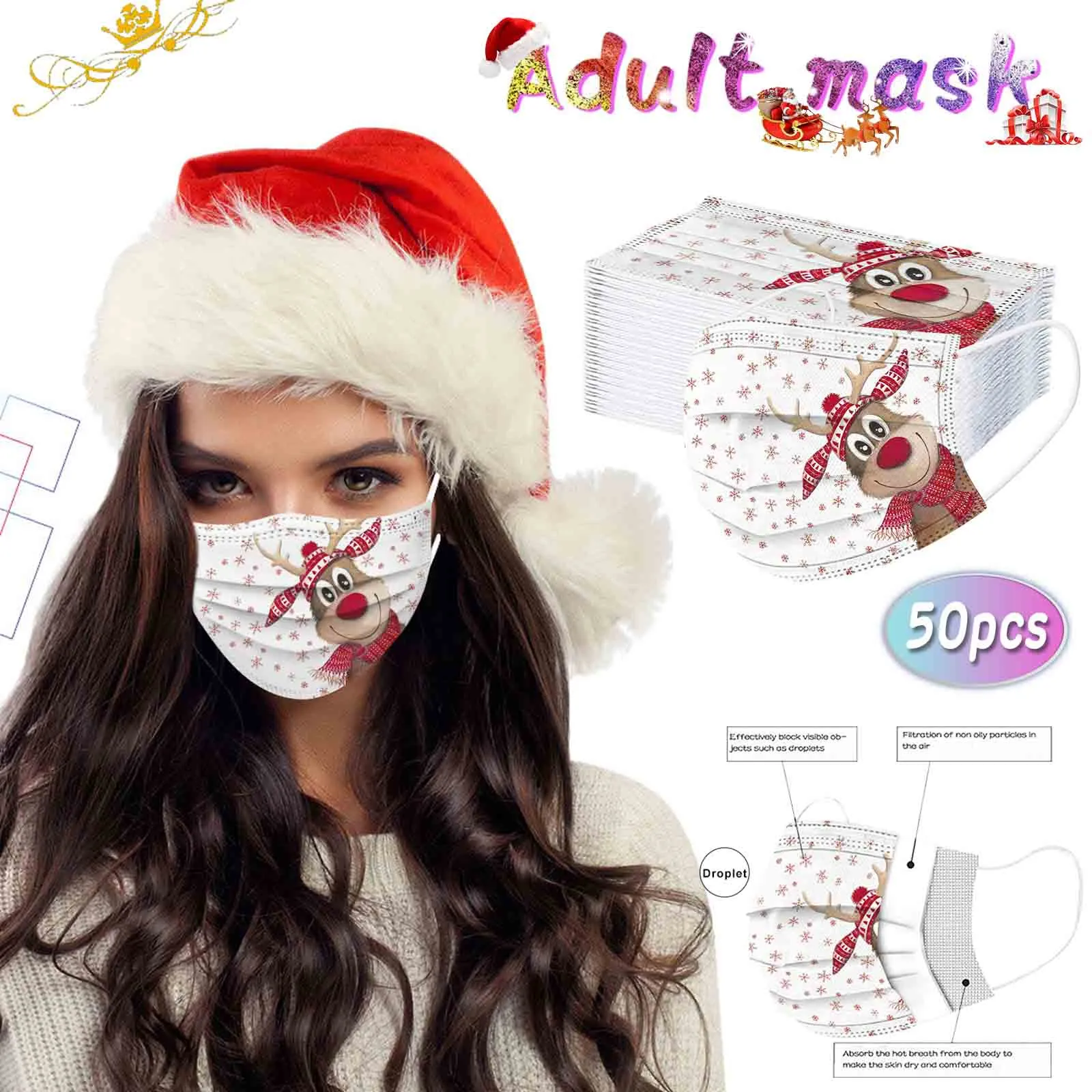 

50pcs Christmas Print Masks For Protective Disposable Elastic Earloop Easy To Wear Cute Face Mask 2020 M