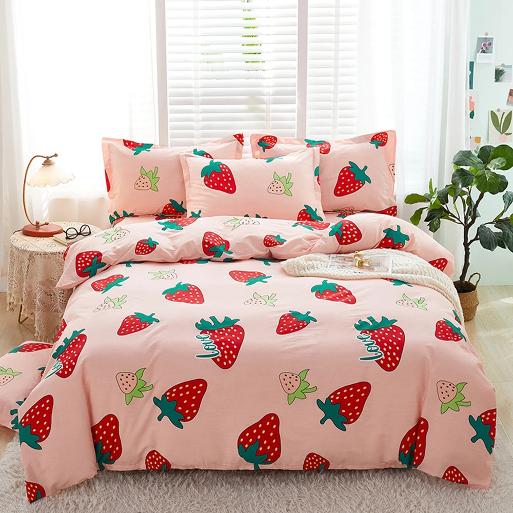 

100% Cotton Bedding Sets Duvet Cover + Pillowcase Pink Strawberry Quilt Cover Bed Linens No Sheet Single King Queen HomeTextile