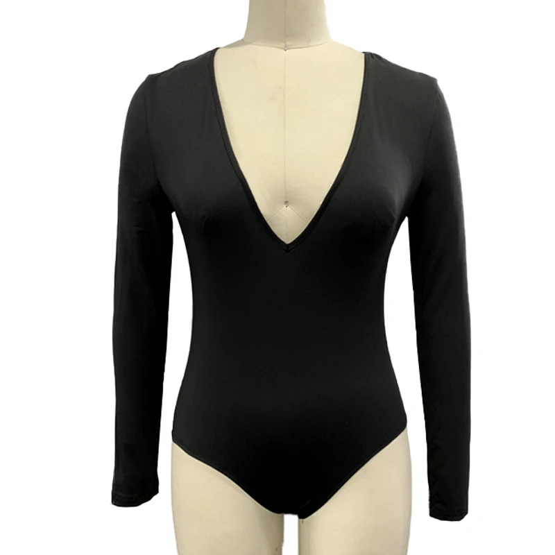 

2019 New Lady Summer Women Body Suit Deep V Neck Sexy Solid Color Long Sleeve Skinny Short Bodysuit