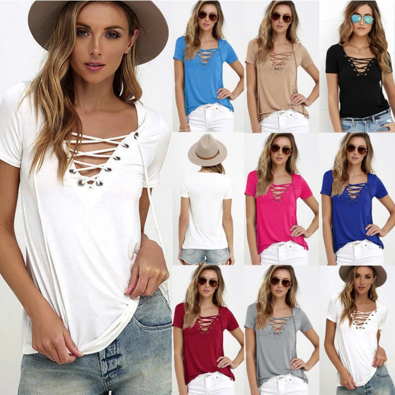 

Bikoles 2021 Summer Fashion V Neck Hollow Out Short Sleeve Plus Size Woemn's Tops T Shirt New Casual Solid Slim Ladies Shirt 5XL