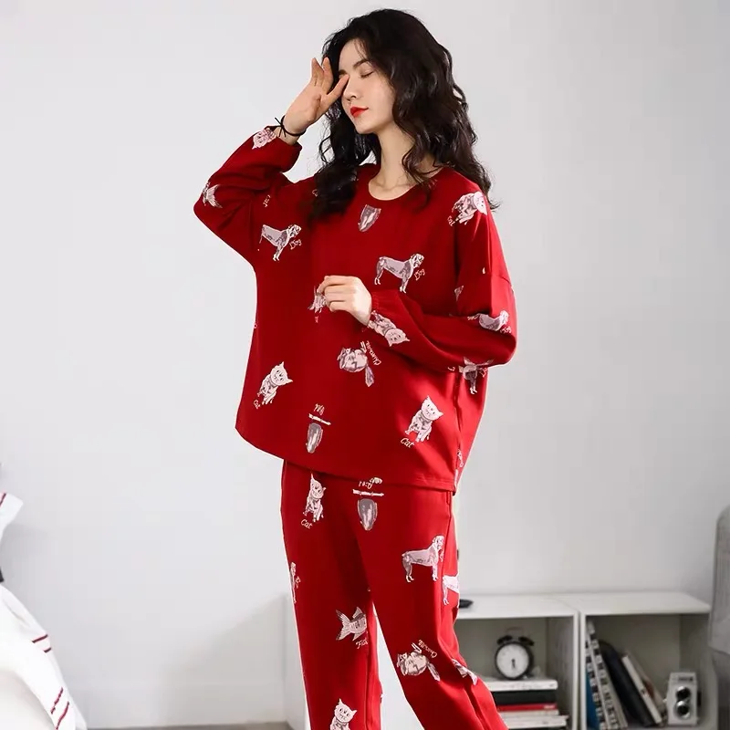 Красная Хлопковая пижама с длинным рукавом и принтом комплект для женщин женская