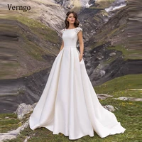 verngo simple elegant a line satin wedding gowns with pockets 3d flowers cap sleeves vintage 2021 bridal dress buttons back