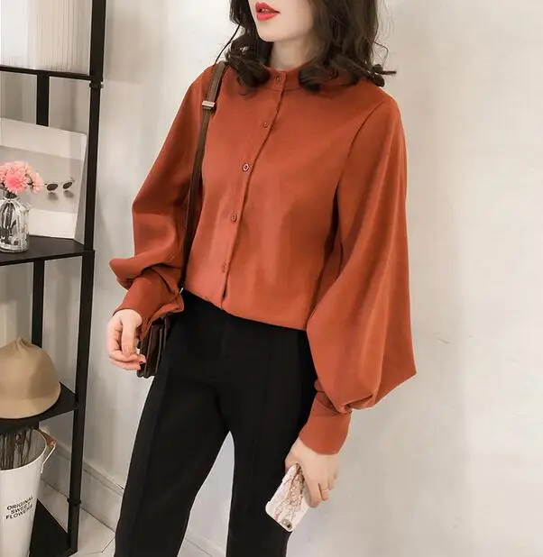 caramel colour Женская новая модная простая темпераментная Однотонная рубашка, женская рубашка с длинными рукавами, свободная рубашка большого размера с воротником, повседневные дикие Топы - Цвет: caramel colour