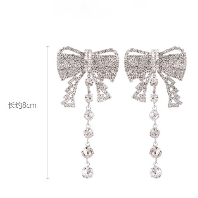 

Long Tassel with Shining Bow Dangle Earrings Statement Fashion Stud Earring 925 Sterling Silver Diamond for Beautiful Women Gift