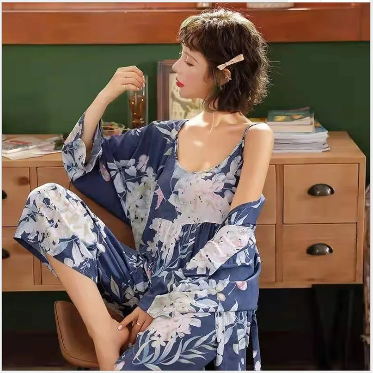 

Spring Autumn Women's Pajamas 3 Pieces Satin Silk Homewear Clothing Embroidery Sleep Lounge Pyjamas Tops+Pant Set New 2021