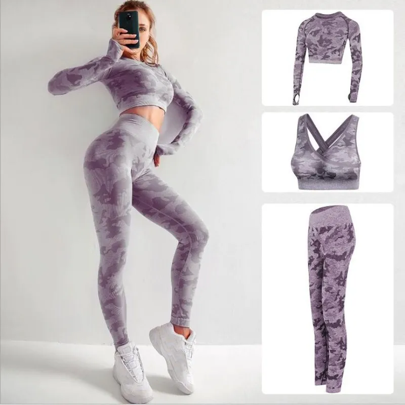 Камуфляжный бесшовный Женский тренировочный комплект из 3 предметов