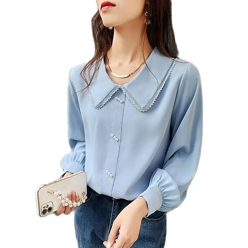 

Блузка женская шифоновая с кукольным воротником, модные пуловеры из бисера, однотонная, с длинным рукавом, весенняя, свободная, популярная м...