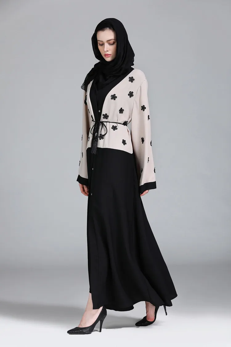 

Casual Muslim Abaya Appliques Maxi Dress Tunic Cardigan Kimono Sashes Long Robes Ramadan Middle East Islamic Prayer Clothing