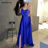 smileven simple royal blue evening dress spaghetti strap eleastic satin side split prom party gowns backless celebrity dresses