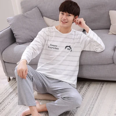 men pajama set Осенне-зимние мужские пижамы с длинными рукавами, хлопковые Пижамные комплекты в полоску с надписями и героями мультфильмов, повседневные мужские пижамы для отдыха и сна, L-XXXL Пижама - Цвет: men pajama set
