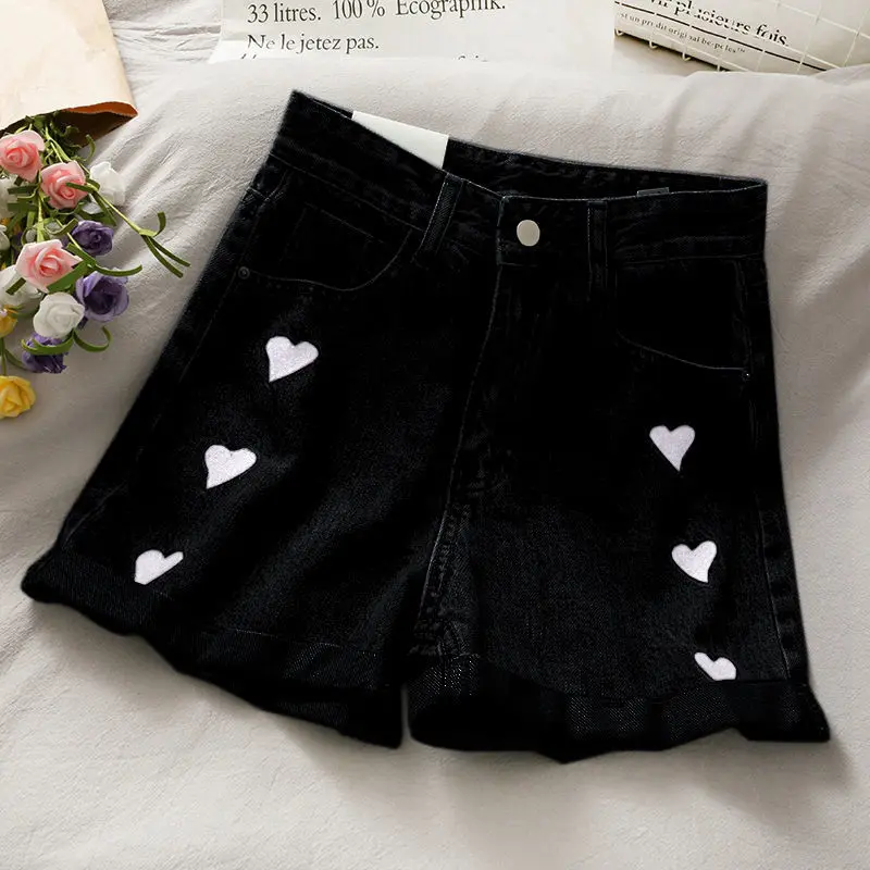 

Love Embroidered Denim Shorts Women's Summer New High Waist Loose Thin All-match A-line Wide Leg Hot Pants