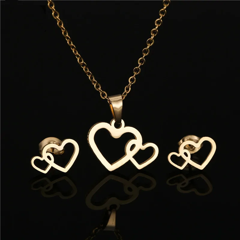 

Bear Pendant Stainless Steel Necklace Earrings Sets Heart Clover Love Bear Charm Necklace Ear Studs Jewelry Sets for Women