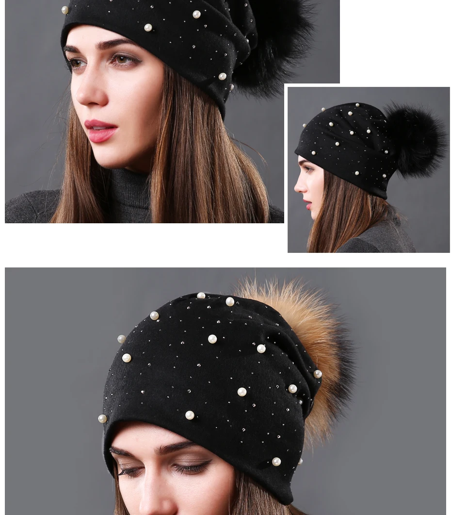 New Women's Pearls Beanies Winter Causal Solid Rhinestone Pearl Slouchy Beanies Hat with Raccoon Fur Pompom Femme Black Cap