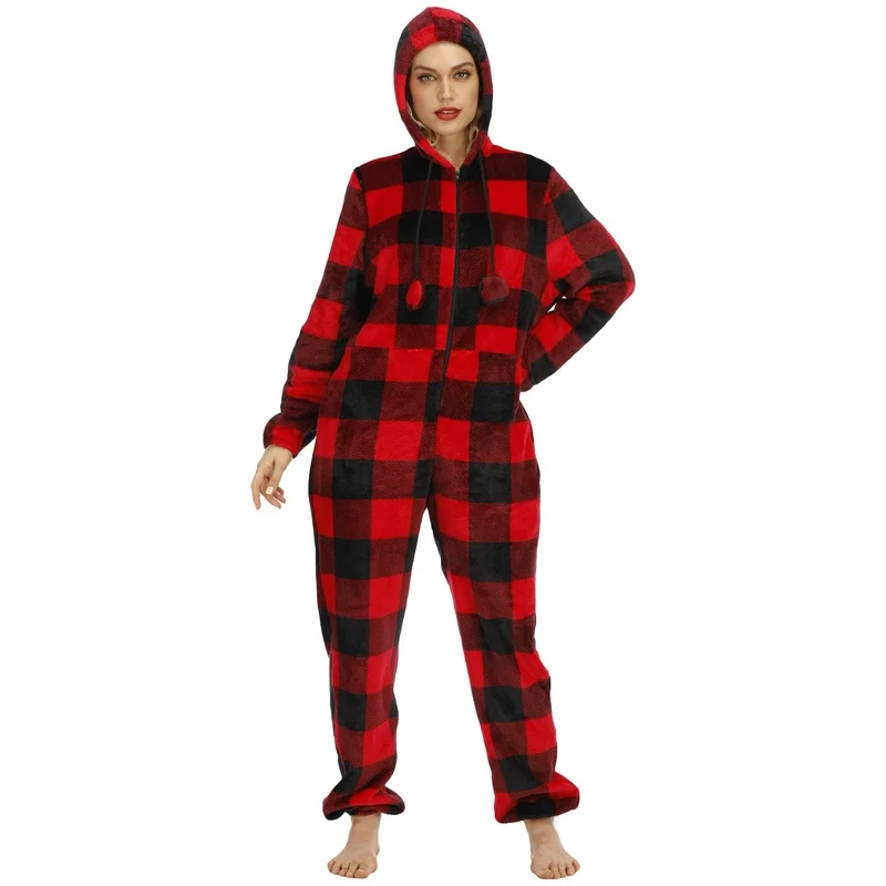 

Women's Plaid Printed Flannel Hooded Jumpsuit Pajamas Home Wear pajama set women women sleepwear pyjama set