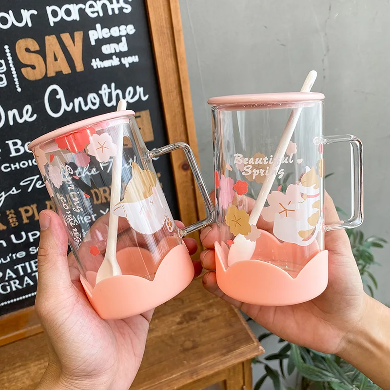 

New Pink Glass Water Bottle With Lid Creative Cat Blossom Water Cup With Silicone For Women Girl Drink Bottles