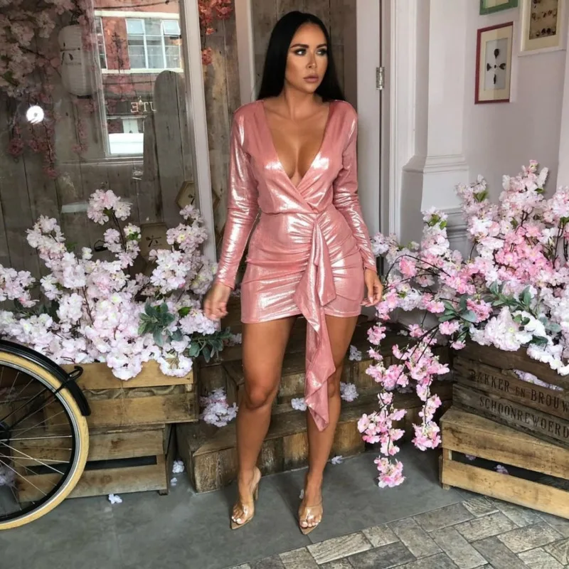 Женское облегающее платье Fuedage Клубное мини-платье с глубоким v-образным вырезом