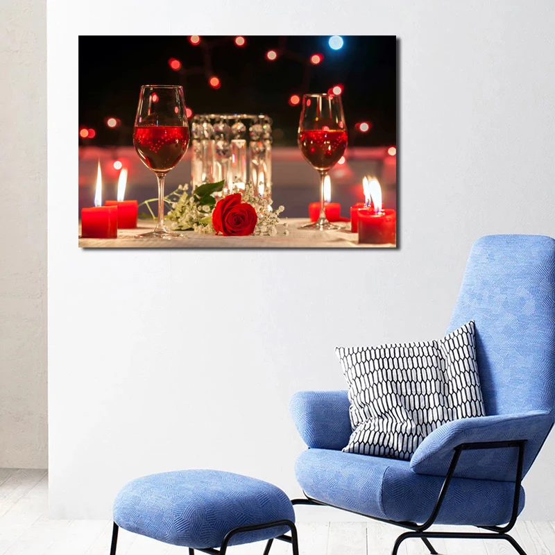Вино чашка с розами бутылка в форме свечи художественный холст плакат картина