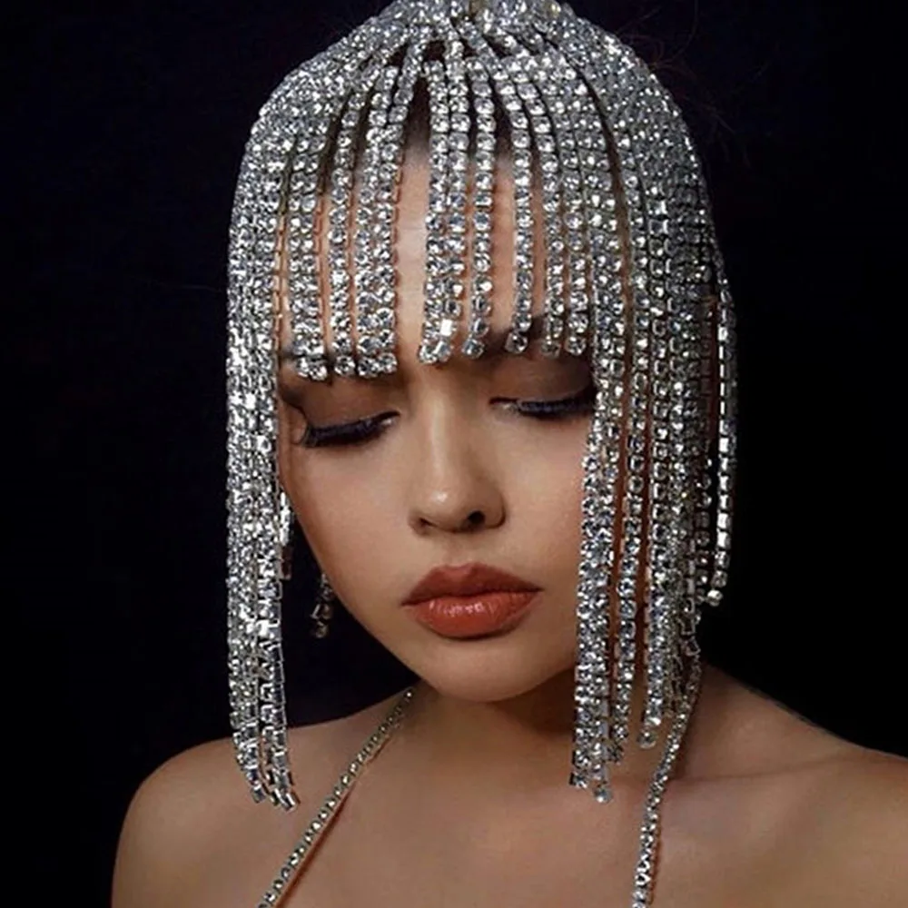 Stonefans Flash Long Tassel Hair Chain Rhinestone Head Chain for Women Nightclub Crystal Headband Hat Bridal Headpiece Jewelry