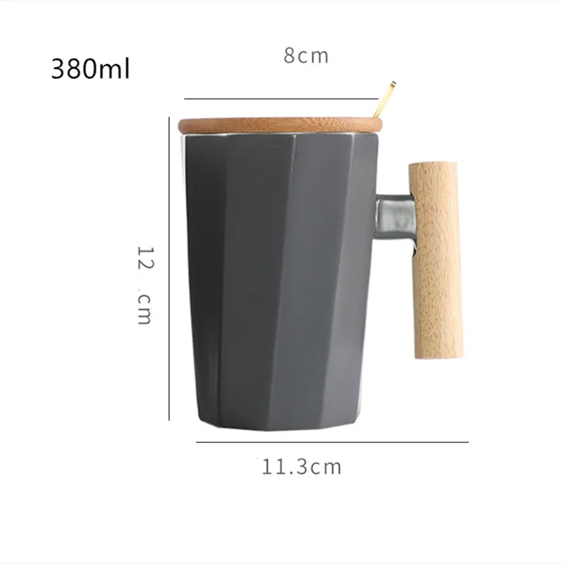 

380ml Wood Handle Ceramic Coffee Mug Creative Polygonal Office Home Milk Tea Cup For Gift