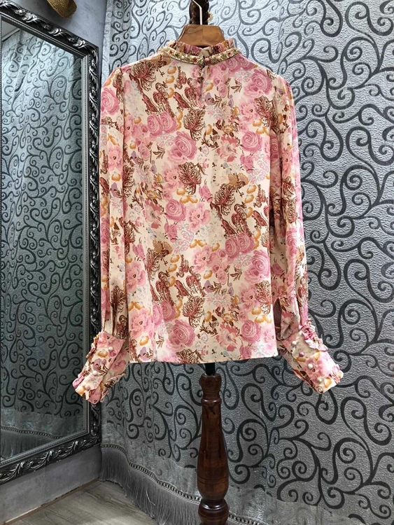 

2021 early spring new women's beading and diamond decoration small stand-up collar printing long-sleeved all-match blouse 104