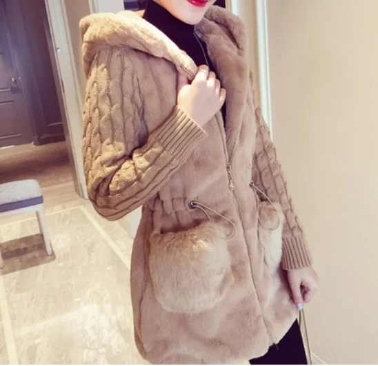 

2021 autumn and winter clothing new classic fashion knitted stitching plush faux fur thickened hooded jacket women