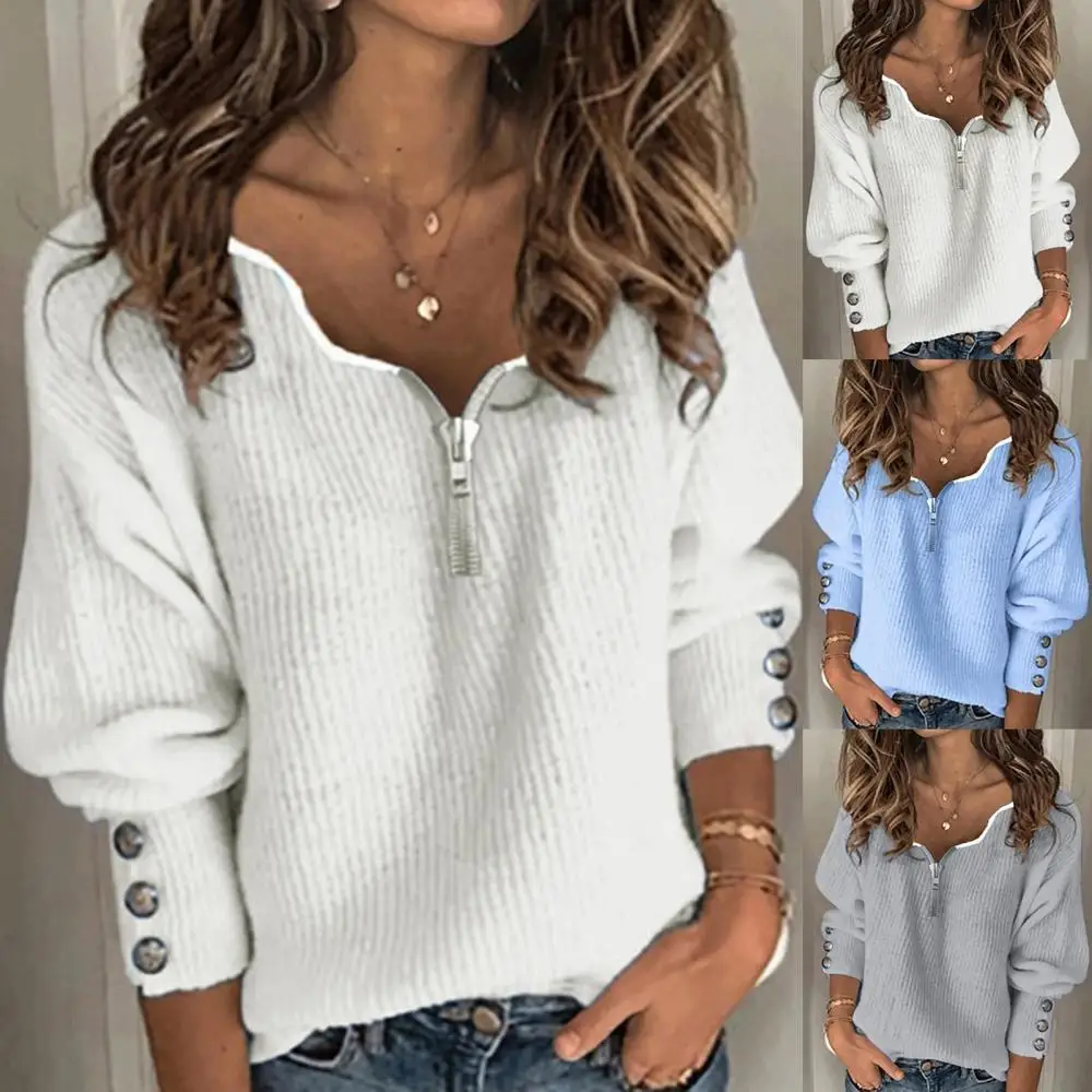 

Buttons Cuff Loose Pullover Sweater 2021 Autumn Buttons knit pullovers Elegant Winter Sexy V Neck Knitted sweater tops jumpers